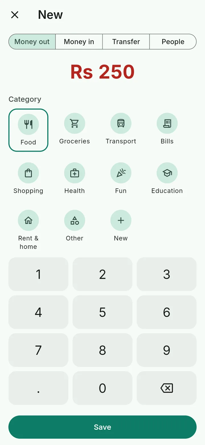 Adding an entry with the number keypad