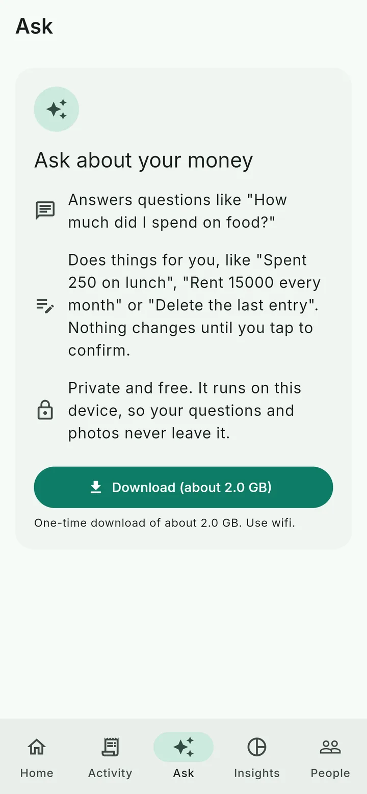 The Ask tab explaining the on-device helper before its one-time download