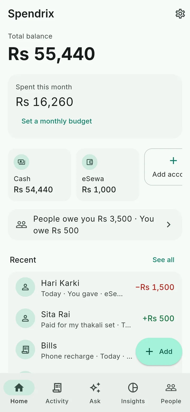 Home screen with this month's totals